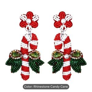 Rhinestone red white green candy cane beaded hook Christmas earrings women NWT